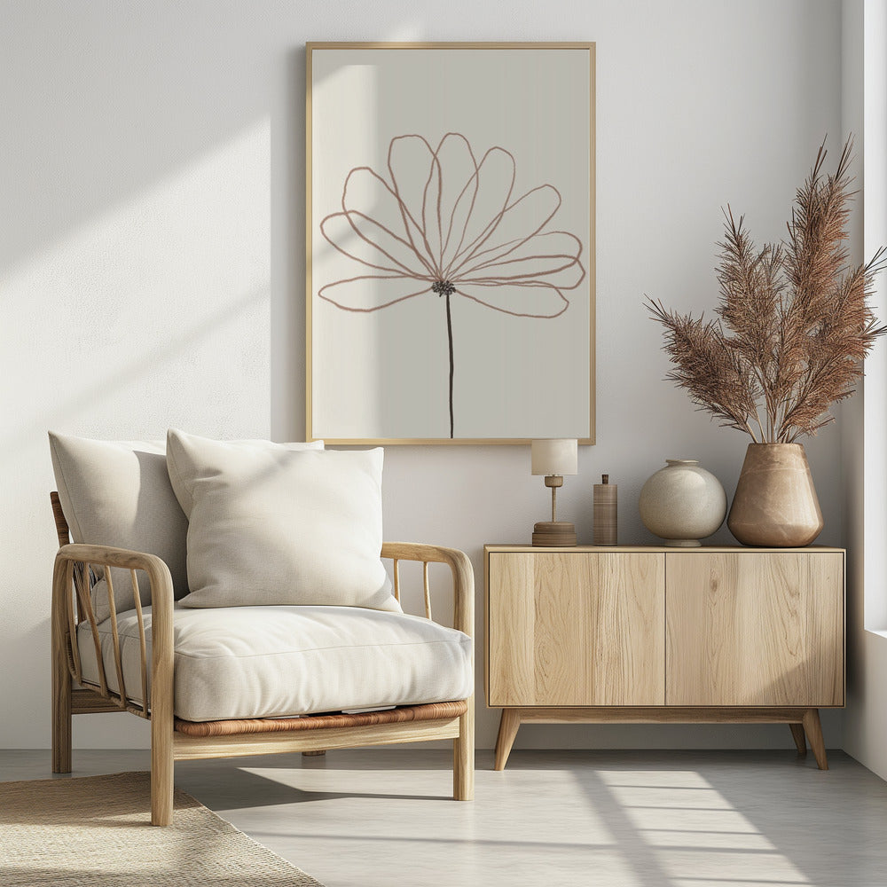 A minimalist line drawing of a flower with dusty rose colored petals against a cream background. The flower is drawn with delicate, overlapping loops creating the petals, and has a dark brown stem and center. The artwork is presented in a thin black frame. Wall Art