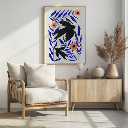 A graphic art print featuring two black bird silhouettes flying amidst stylized branches with bold cobalt blue leaves and three orange-peach flowers against a white background. Decor