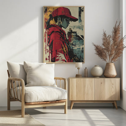 A stylized illustration of a person in profile with teal-toned skin, wearing a bright red backwards baseball cap and a matching red hoodie. The background is an abstract, distressed collage of yellow, teal, and off-white, giving the piece a gritty, street art aesthetic. Poster