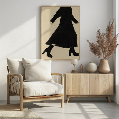 A minimalist fashion illustration of a walking woman, rendered as a black silhouette with a fine white outline against a solid cream background. She wears a long-sleeved top, a long skirt, and chunky platform high-heeled boots. The artwork is presented in a simple black frame. Artwork