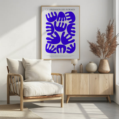 A modern art poster with a black frame titled 'L'EXPRESSION DES FORMES'. The artwork features a collection of abstract, organic, hand-like shapes in a vibrant cobalt blue arranged against an off-white background. There is smaller French text at the bottom. Wall Art