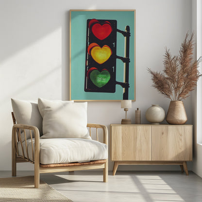 A vertical traffic light against a solid teal sky, with its red, yellow, and green signals all shaped like glowing hearts. Wall Art