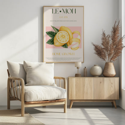 A vintage-style poster about lemons featuring a detailed illustration of a whole and sliced lemon with leaves against a pink background. The poster has text elements like 'LE•MON', 'EST. 1951', and 'HOME GROWN' in a classic font. Print