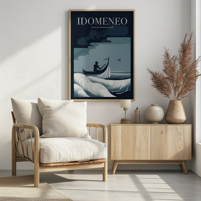 A minimalist poster for Wolfgang Amadeus Mozart's opera 'Idomeneo', featuring a silhouetted figure in a small boat navigating large, stylized waves under a dark, cloudy sky. The color palette is composed of shades of blue, white, and black. Print
