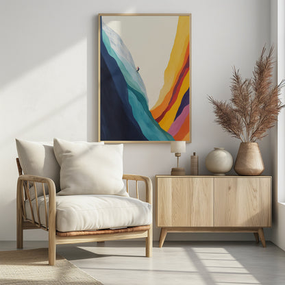 A minimalist illustration of a lone climber scaling a massive, colorful mountain. The left side of the mountain is made of flowing bands of cool blues and whites, while the right canyon wall is composed of warm, vibrant stripes of yellow, orange, red, and purple against an off-white sky. Artwork