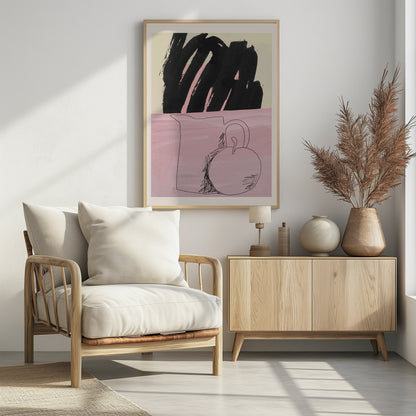 An abstract still life artwork with a split background. The bottom half is a textured pink, featuring a simple black line drawing of a pitcher and a round fruit. The top half is a cream color, dominated by a large, expressive black brushstroke with pink accents showing through. The piece is framed in black. Artwork
