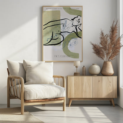 An abstract art print in a black frame, featuring sage green painted shapes on an off-white background. Overlaid are two distinct styles of drawing: a bold, black ink line suggesting a reclining figure, and delicate, blue-gray line art of various flowers and leaves. Text at the top reads 'BELONGING TO SUMMER' and 'SPRING IN THE BOTANICAL GARDEN', and the word 'UNCLASSIFIABLE' is at the bottom. Poster