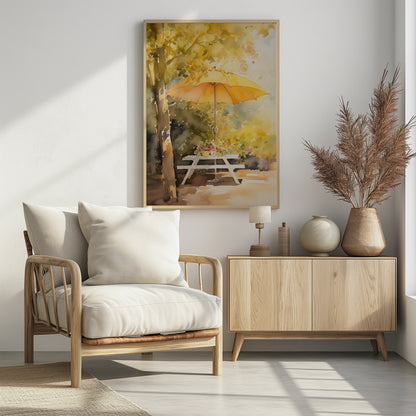 A soft watercolor painting of a sunny autumn scene, featuring a bright yellow-orange umbrella shading a white picnic table under a tree with golden leaves. Artwork