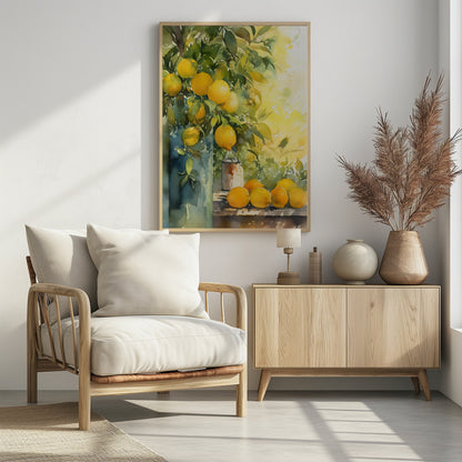 A vibrant watercolor painting of a lemon tree, with ripe yellow lemons nestled among lush green leaves. Some branches are arranged in a tall blue-green vase, while a cluster of freshly picked lemons rests on a wooden table. The background is a bright, sunny yellow, suggesting a warm, sunny day. Artwork