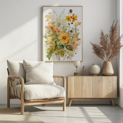 A delicate watercolor painting of a bouquet of wildflowers in shades of yellow, orange, and peach, with soft green leaves and stems against a white background, all within a thin black frame. Poster