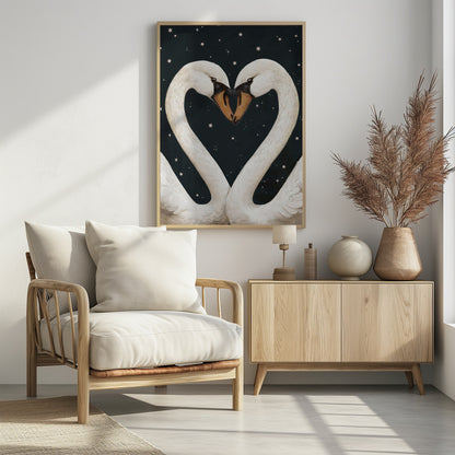 An illustration of two white swans facing each other, their gracefully curved necks forming a perfect heart shape against a dark, starry night sky. Their beaks are touching in the center. Wall Art