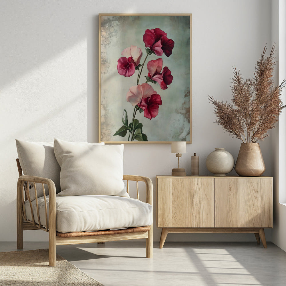 A vintage-style painting of several sweet pea flowers in shades of deep red and light pink against a textured, pale green-grey background, presented in a simple black frame. Artwork