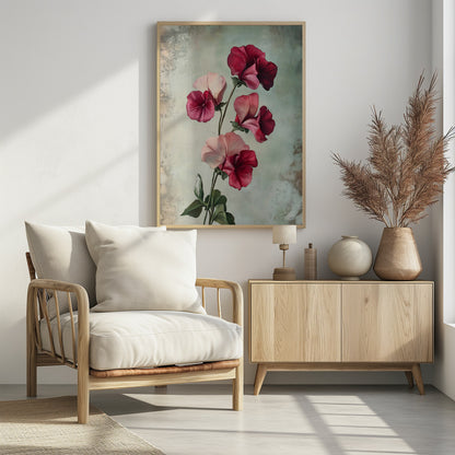 A vintage-style painting of several sweet pea flowers in shades of deep red and light pink against a textured, pale green-grey background, presented in a simple black frame. Artwork