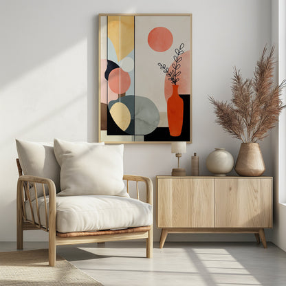 A modern abstract art print in a black frame, featuring a composition of geometric and organic shapes in coral, yellow, blue, and gray. On the right, a red-orange vase holds a black line drawing of a plant, with a large coral circle above it, creating a balanced and minimalist still life. Decor