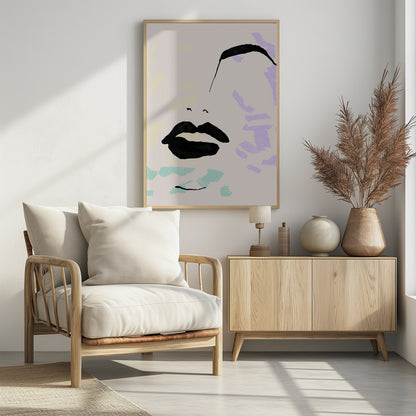An abstract, minimalist illustration of a woman's face on a beige background, framed in black. Bold black ink defines the lips and a sweeping eyebrow, while areas of the face are filled with scribbled patches of pastel purple, blue, and yellow. Print
