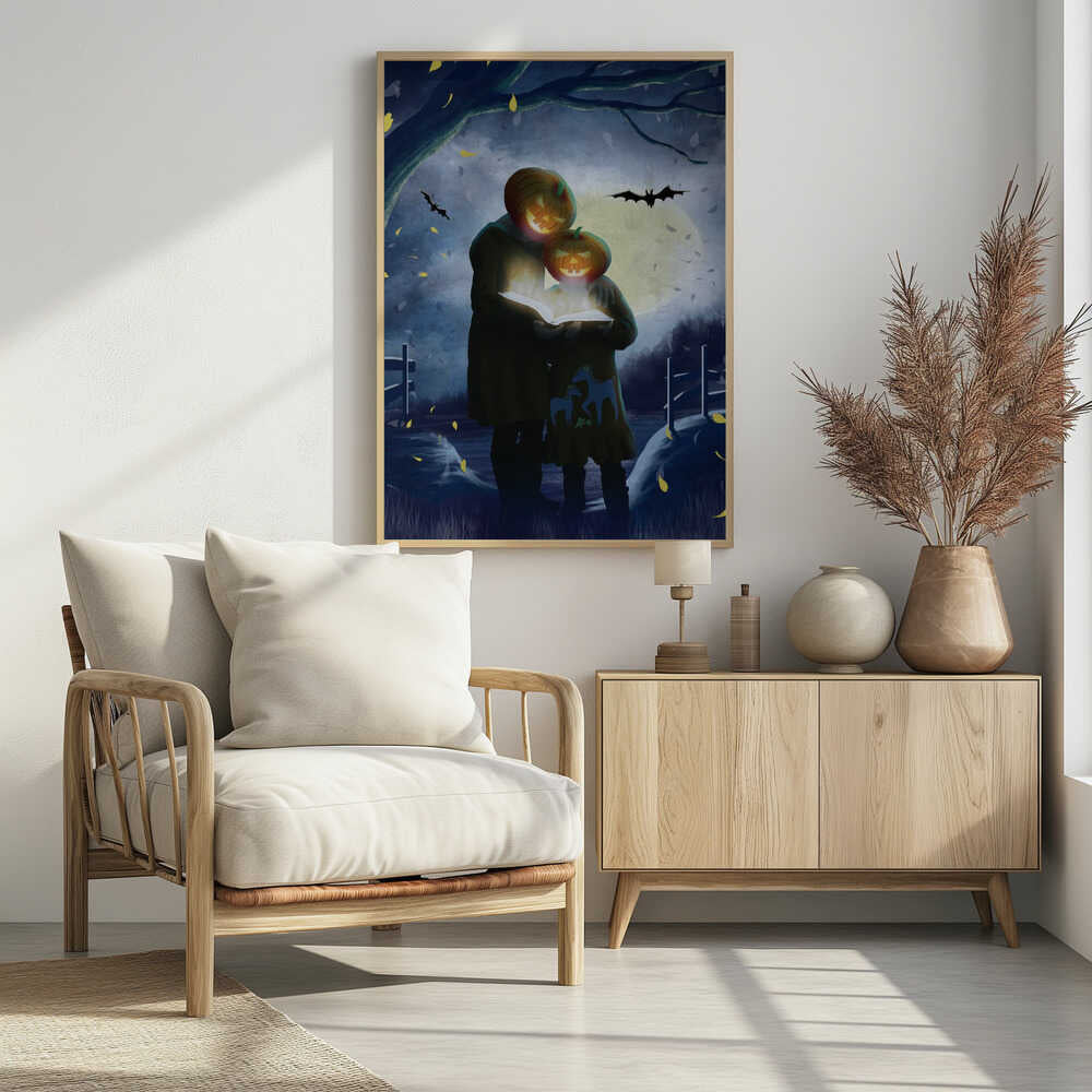 A whimsical Halloween illustration of two figures, one taller and one smaller, with glowing jack-o'-lanterns for heads. They stand together in a dark, moonlit field at night, reading from a book that radiates a bright, magical light. Bats fly across the full moon, and yellow leaves fall around them. Poster