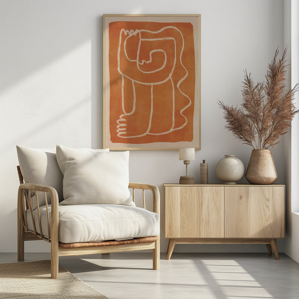 A modern abstract artwork in a black frame, featuring a single, continuous cream-colored line forming a stylized human figure against a textured, burnt orange background. Decor