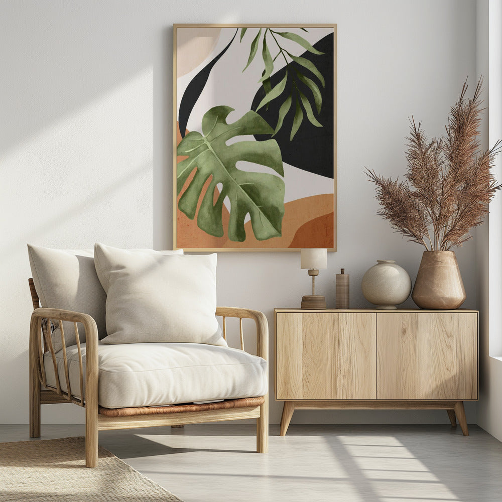 Abstract art print featuring stylized tropical leaves in shades of green, blue, and yellow. Artwork