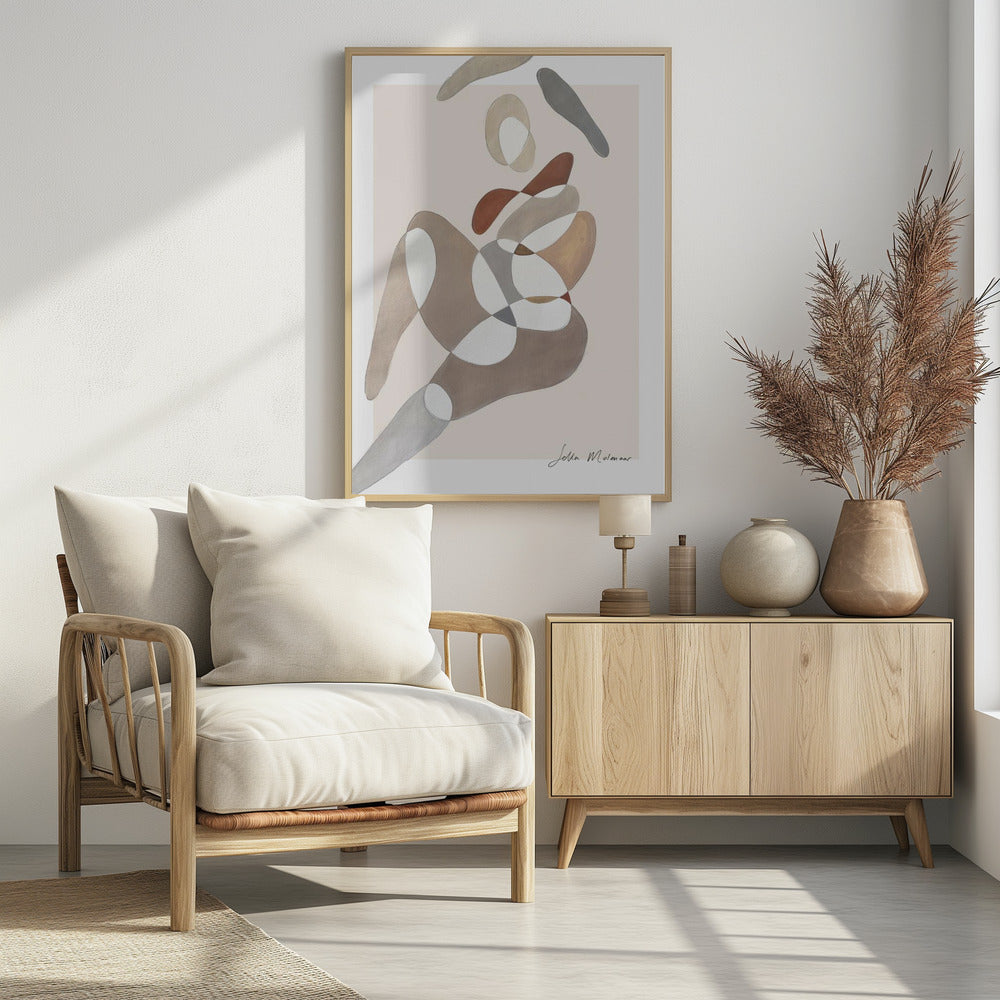 An abstract painting by Jetta Molenaar in a black frame, featuring a composition of overlapping, organic shapes in muted earth tones like brown, grey, and beige against a pale pinkish-beige background. The shapes vaguely suggest a reclining human figure. Artwork