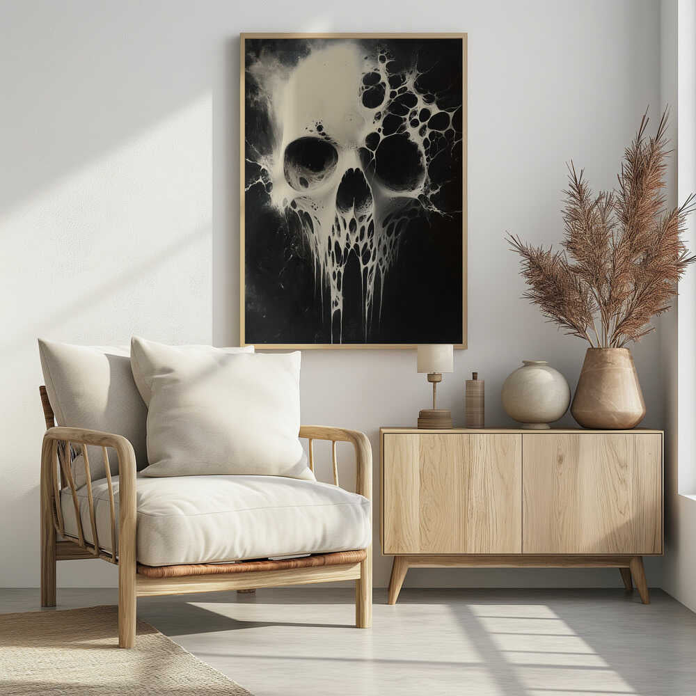 A striking black and white abstract painting of a human skull. The skull is rendered in off-white against a deep black background and appears to be dissolving or covered in a viscous, web-like substance that drips down from the jaw and spreads out from the sides. Print