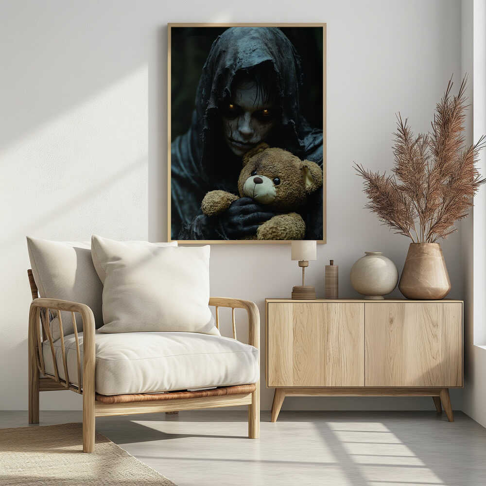 A creepy, hooded figure with glowing yellow eyes and a scarred face holds a well-loved brown teddy bear, creating a stark contrast between horror and innocence in a dark, moody setting. Wall Art