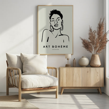 A framed minimalist art print featuring a black ink line drawing of a woman with curly hair and hoop earrings on a beige background. The text 'ART BOHÈME collection' is printed below the portrait. Poster