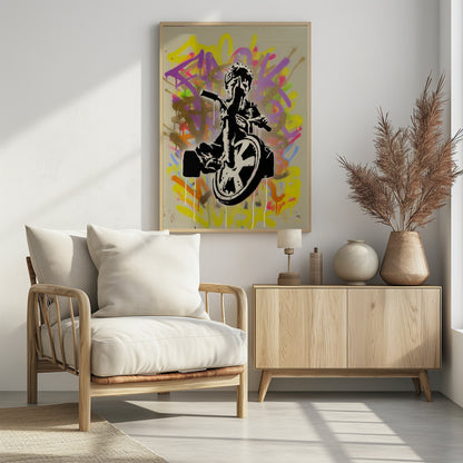 A framed street art piece featuring a black and white stencil of a rebellious child on a tricycle giving the middle finger, set against a vibrant, multi-colored graffiti background with paint drips. Artwork