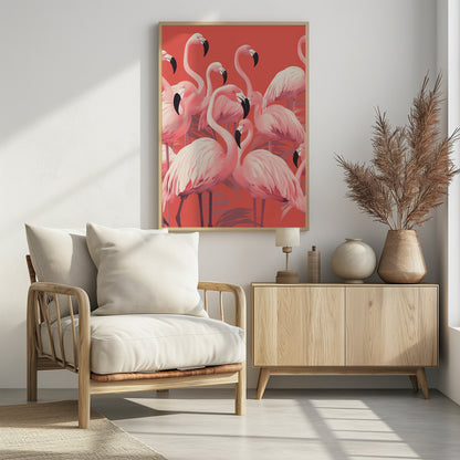 A vibrant, stylized art print featuring a dense flock of pink flamingos with black-tipped beaks against a solid coral background, framed in black. Artwork