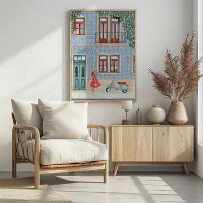 A watercolor illustration of a woman in a red dress and sun hat walking past a building with a blue and white patterned tile facade. A light green scooter is parked on the sidewalk, and the building features wooden windows with pink curtains, a teal door, and a second-story balcony. Print