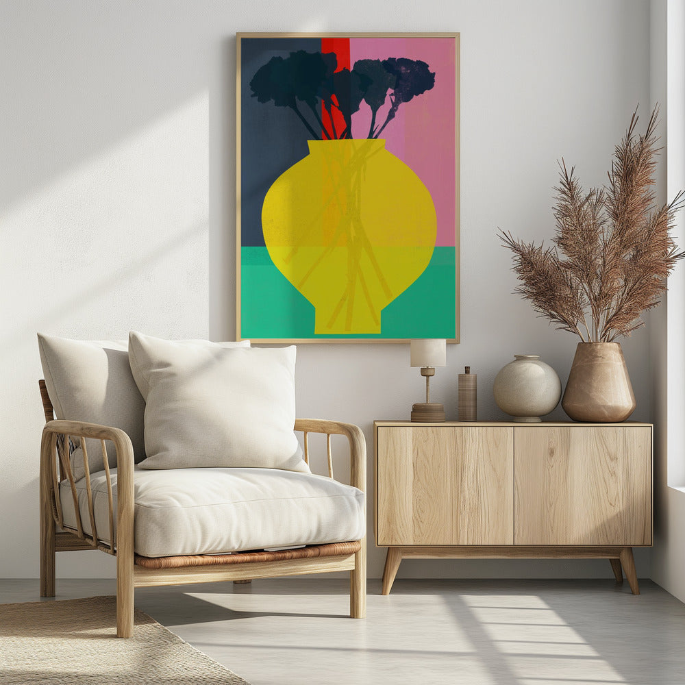 An abstract art print depicting a still life. A large, vibrant yellow vase sits in the foreground, holding the dark silhouette of a bouquet of flowers. The background is sectioned into bold, vertical color blocks of dark blue, red, and pink, with a teal surface at the bottom. Decor
