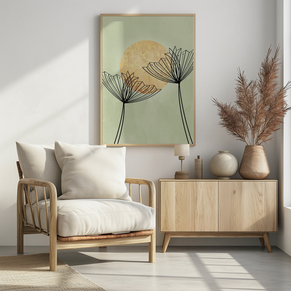 A minimalist botanical artwork featuring two stylized black line-art flowers against a pale sage green background. Behind the flowers is a large, textured golden sun, creating a serene and modern composition. Decor