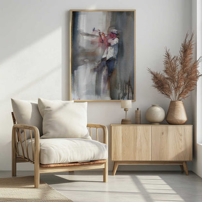 An art print depicting a musician skillfully playing a trumpet. Decor