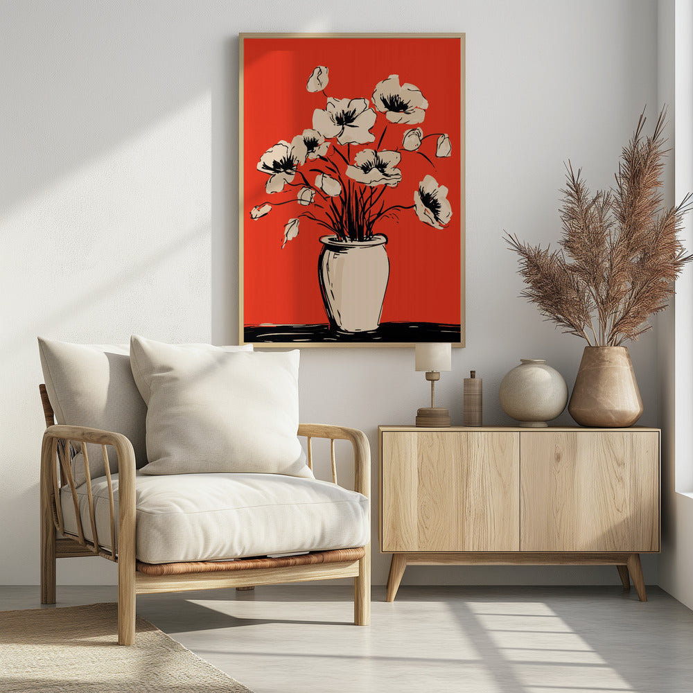 A graphic illustration of a bouquet of cream-colored poppies in a vase against a solid, vibrant red background. The flowers, stems, and vase are rendered with bold, sketchy black lines, creating a high-contrast and modern still-life composition. Print