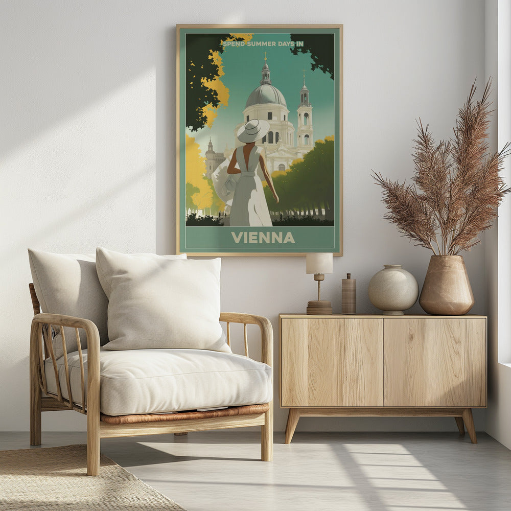 A vintage-style travel poster for Vienna, featuring an illustration of a woman in a white dress and wide-brimmed hat looking at a grand domed building. The scene is framed by green and yellow trees, with text that reads 'Spend summer days in Vienna'. Artwork