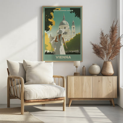 A vintage-style travel poster for Vienna, featuring an illustration of a woman in a white dress and wide-brimmed hat looking at a grand domed building. The scene is framed by green and yellow trees, with text that reads 'Spend summer days in Vienna'. Artwork
