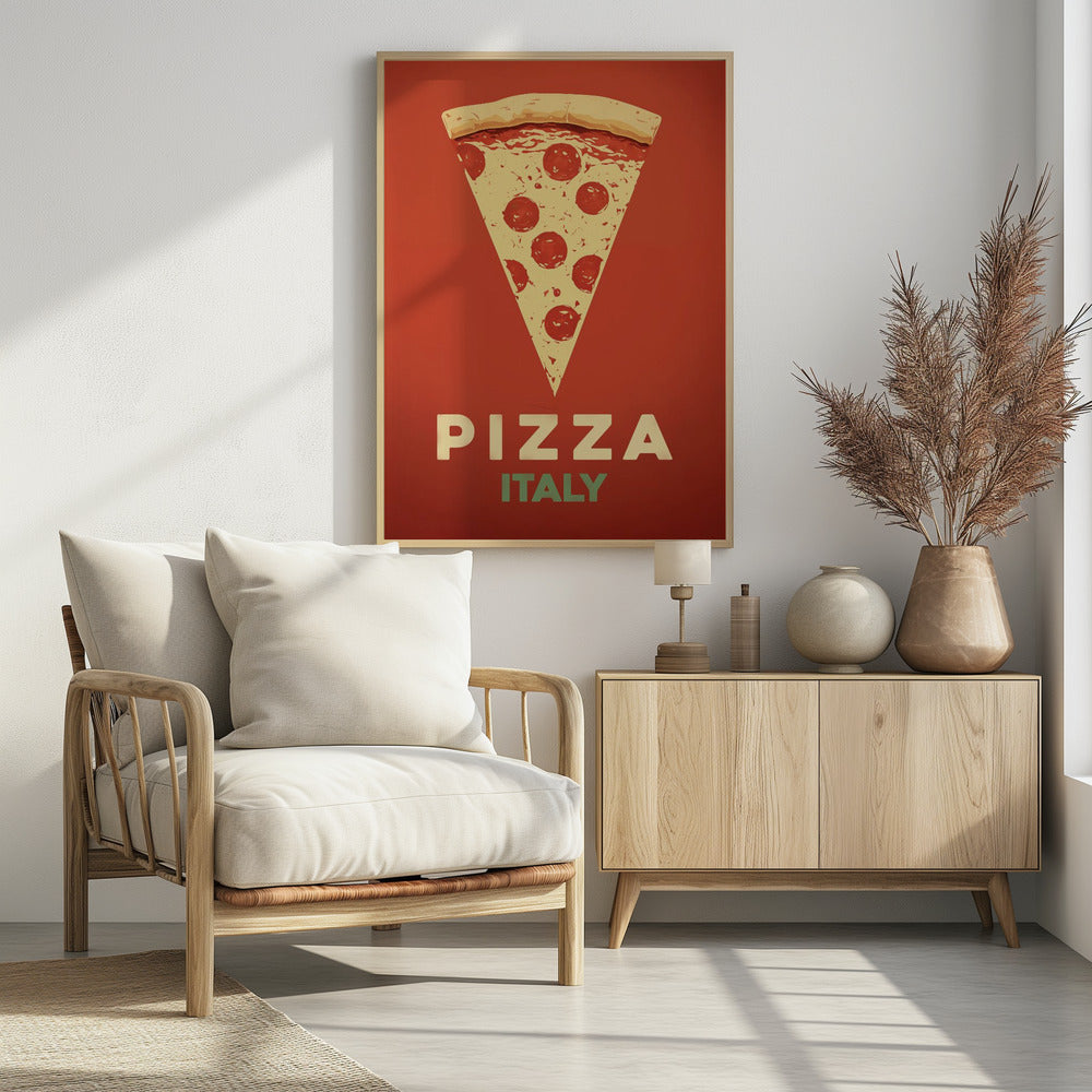 A vintage-style graphic poster featuring a large slice of pepperoni pizza against a solid red-orange background. Below the pizza, the word 'PIZZA' is in large cream letters, with 'ITALY' in smaller green letters underneath. The artwork is presented in a simple black frame. Poster