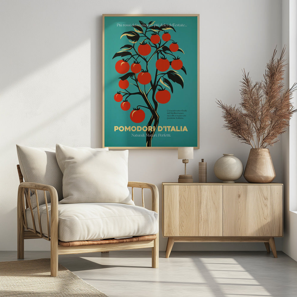 A vintage-style Italian advertisement poster featuring a stylized illustration of a tomato plant with vibrant red tomatoes against a teal background. Italian text at the bottom reads 'POMODORI D'ITALIA'. Print