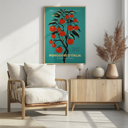 A vintage-style Italian advertisement poster featuring a stylized illustration of a tomato plant with vibrant red tomatoes against a teal background. Italian text at the bottom reads 'POMODORI D'ITALIA'. Print