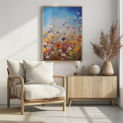 An impressionistic painting of a vibrant wildflower meadow under a bright blue sky, featuring a riot of colors including pink, orange, yellow, and purple, with paint splatters adding to the dynamic composition. The artwork is presented in a black frame. Poster