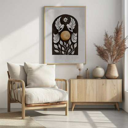 A modern illustration in a black frame featuring a symmetrical design within a black arch. Two stylized white birds face each other over a golden orb, with a white star above them and white foliage below, all on a light, textured background. Print