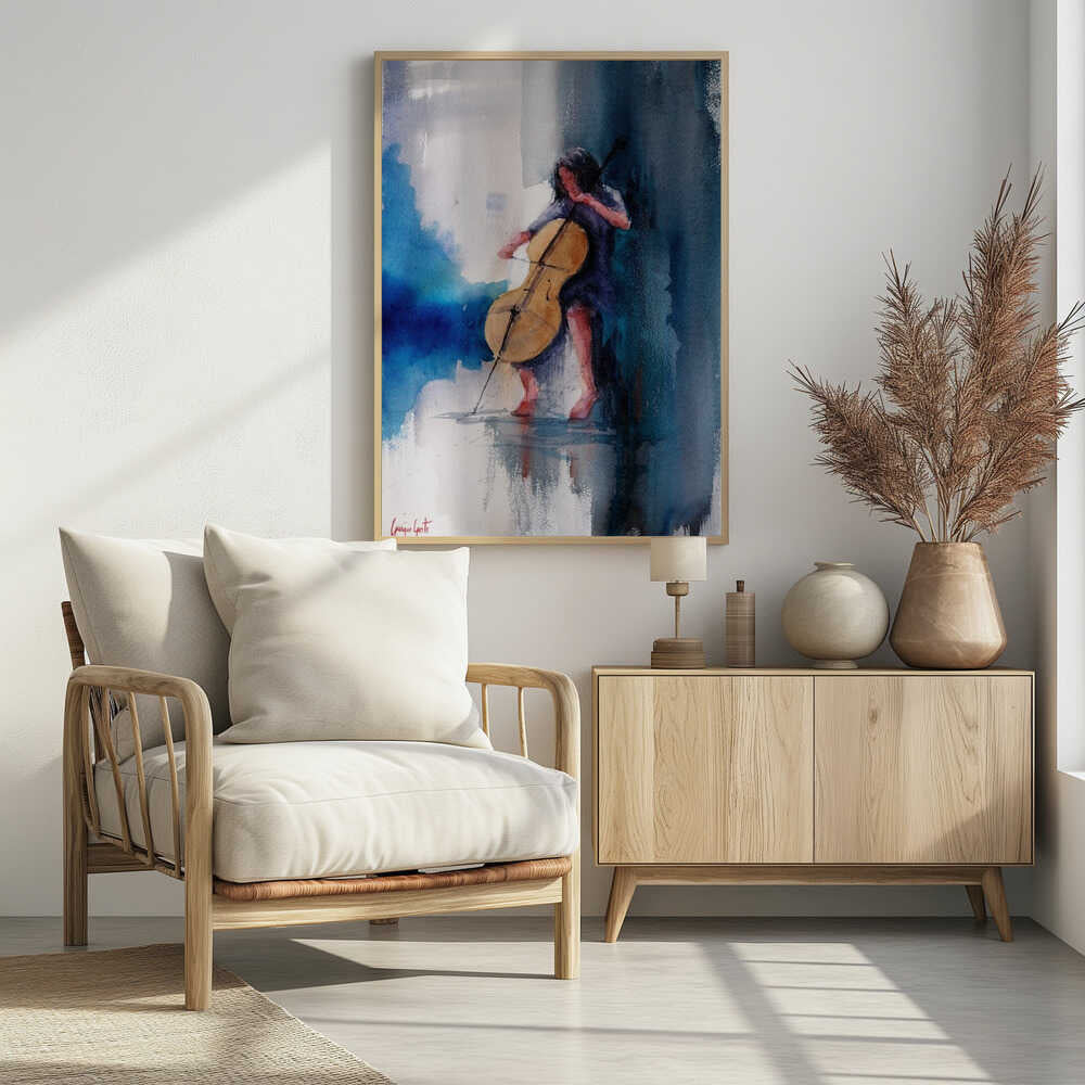 A musician performing a piece on a cello, depicted as an art print or poster. Artwork