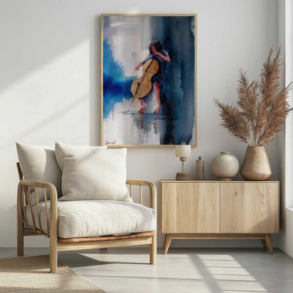 A musician performing a piece on a cello, depicted as an art print or poster. Artwork