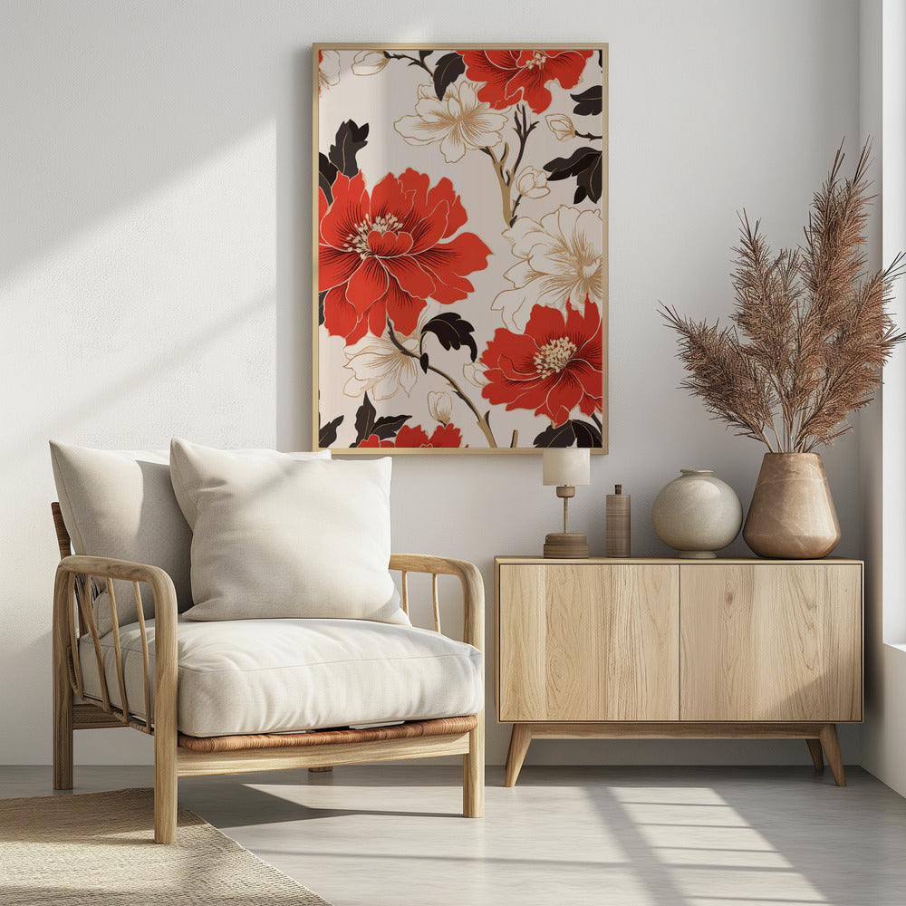 A stylized floral artwork featuring large, bold red flowers and smaller white flowers with gold accents. Dark brown leaves and branches twist across the cream-colored background, creating an elegant pattern. The entire piece is enclosed in a simple black frame. Decor