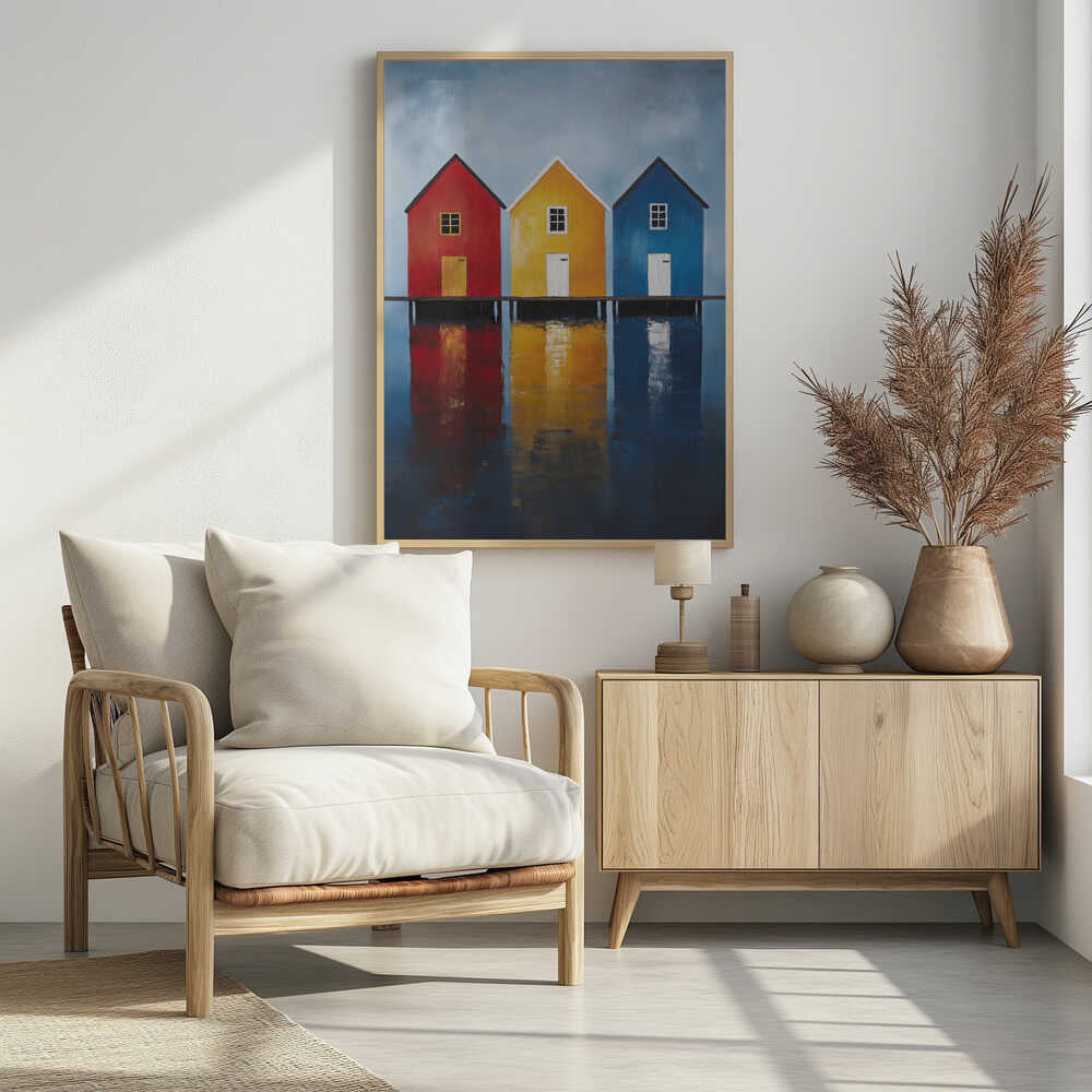 A painting of three houses in primary colors—red, yellow, and blue—lined up on a pier over a body of water. The houses and their vibrant colors are reflected in the calm water below, all under a muted, overcast sky. The piece is in a black frame. Decor