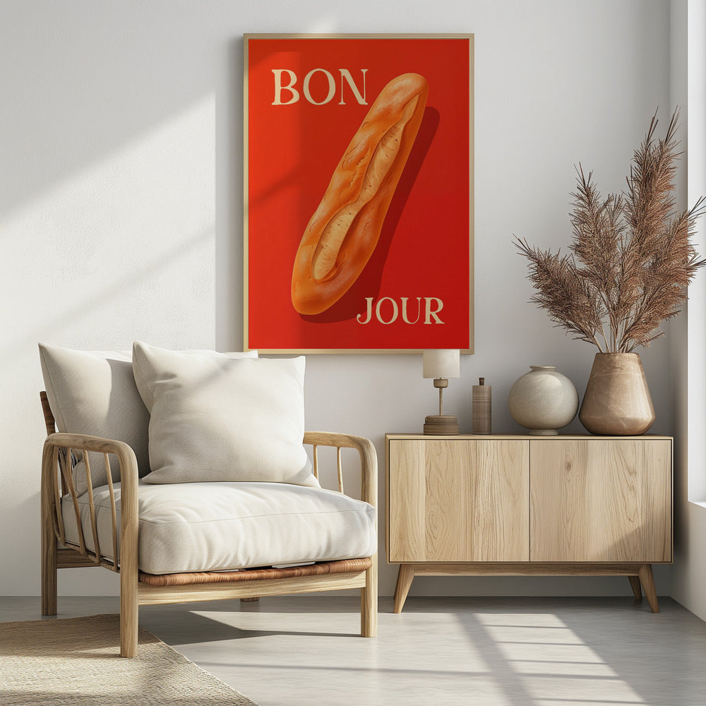 A vintage-style poster with a vibrant red background featuring a realistic illustration of a golden-brown baguette. The French words 'BON' and 'JOUR' are written in a large, cream-colored serif font at the top left and bottom right respectively. Wall Art