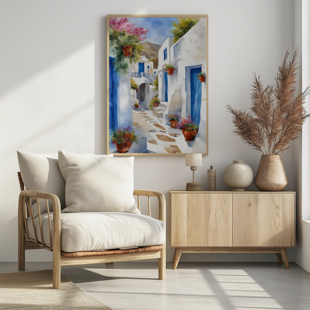 A vibrant watercolor painting of a sunlit alleyway in a Greek island village, featuring whitewashed buildings with iconic blue doors, and colorful flowers in terracotta pots. A mountain can be seen in the distance under a clear blue sky. Poster