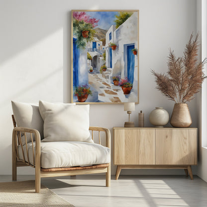 A vibrant watercolor painting of a sunlit alleyway in a Greek island village, featuring whitewashed buildings with iconic blue doors, and colorful flowers in terracotta pots. A mountain can be seen in the distance under a clear blue sky. Poster