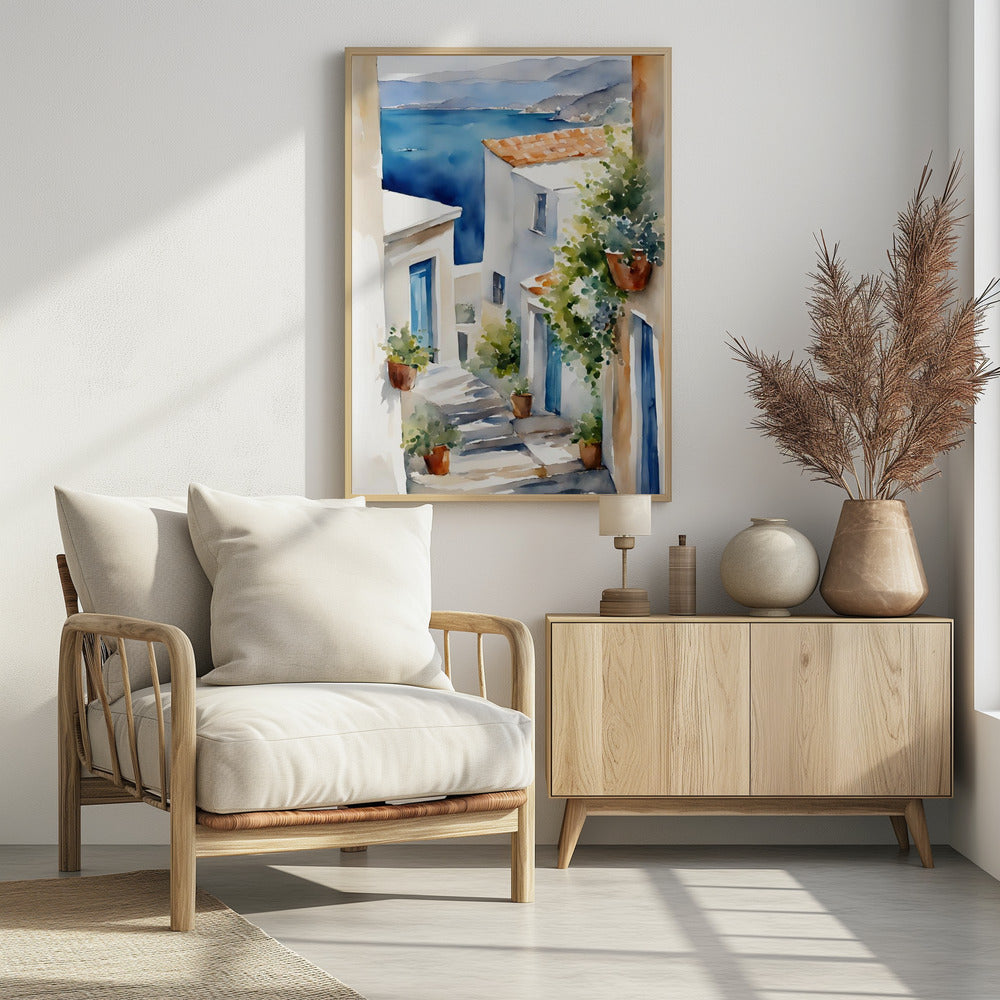 A watercolor painting of a narrow, sun-drenched alleyway in a coastal town. Whitewashed buildings with blue doors and terracotta roofs line the stone steps that descend towards a stunning view of the deep blue ocean and distant mountains. Wall Art