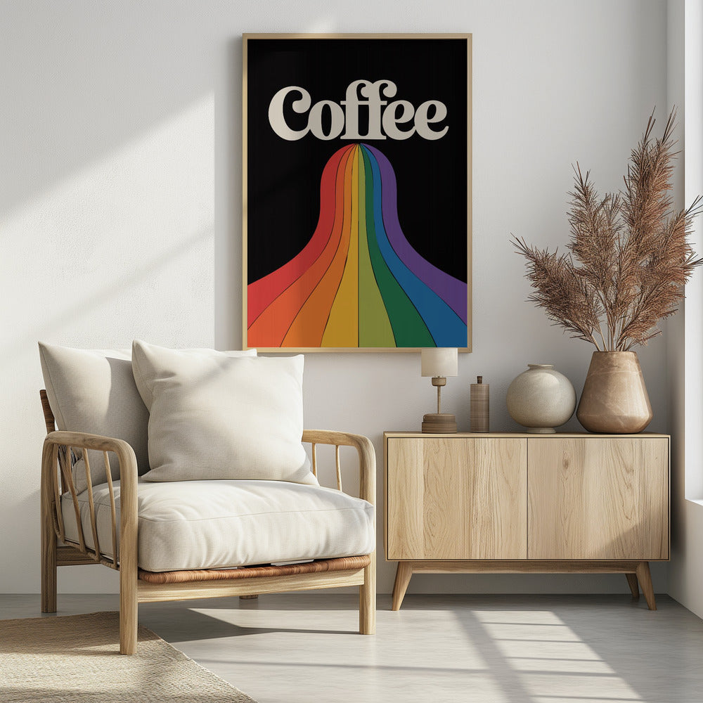 A retro-style poster with a black background featuring the word 'Coffee' in a cream-colored, 1970s-style font. A vibrant, flowing rainbow with stripes of color cascades down from underneath the text. Print