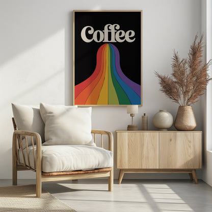 A retro-style poster with a black background featuring the word 'Coffee' in a cream-colored, 1970s-style font. A vibrant, flowing rainbow with stripes of color cascades down from underneath the text. Print
